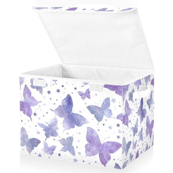 Foldable Fabric Storage Bin With Handle Collapsible Basket Box Storage With Lid Organizer Lavender Butterflies