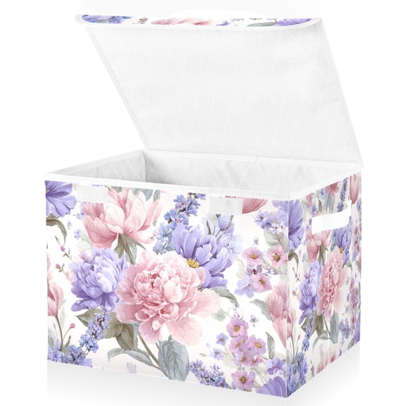 Foldable Fabric Storage Bin With Handle Collapsible Basket Box Storage With Lid Organizer Lavender Florals