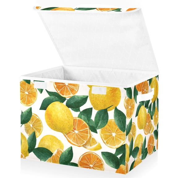 Foldable Fabric Storage Bin With Handle Collapsible Basket Box Storage With Lid Organizer Lemons Oranges