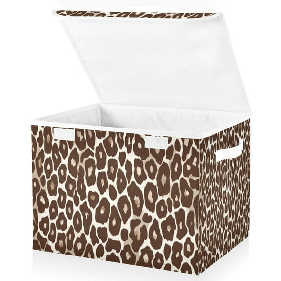 Foldable Fabric Storage Bin With Handle Collapsible Basket Box Storage With Lid Organizer Leopard Print