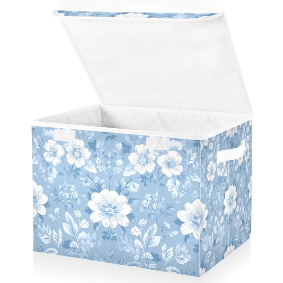 Foldable Fabric Storage Bin With Handle Collapsible Basket Box Storage With Lid Organizer Light Blue Background