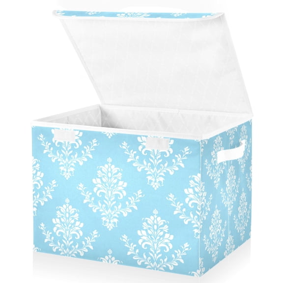 Foldable Fabric Storage Bin With Handle Collapsible Basket Box Storage With Lid Organizer Light Blue Background