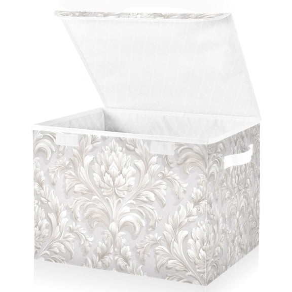 Foldable Fabric Storage Bin With Handle Collapsible Basket Box Storage With Lid Organizer Light Grey Background