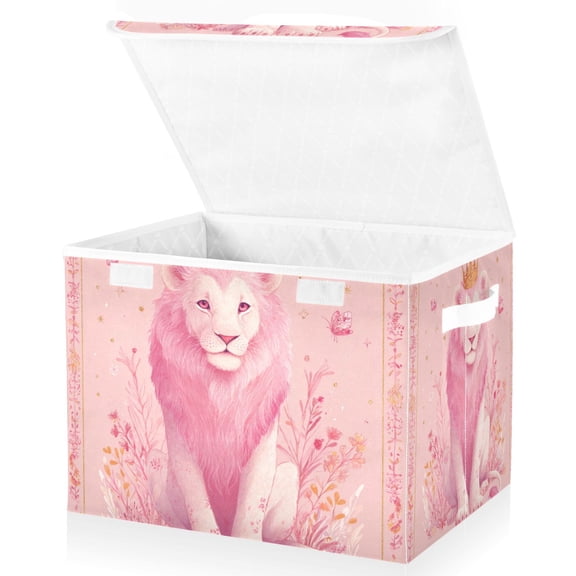 Foldable Fabric Storage Bin With Handle Collapsible Basket Box Storage With Lid Organizer Lion Wearing A Crowns