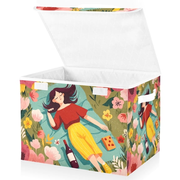 Foldable Fabric Storage Bin With Handle Collapsible Basket Box Storage With Lid Organizer Lying in The Springtime Atmosphere