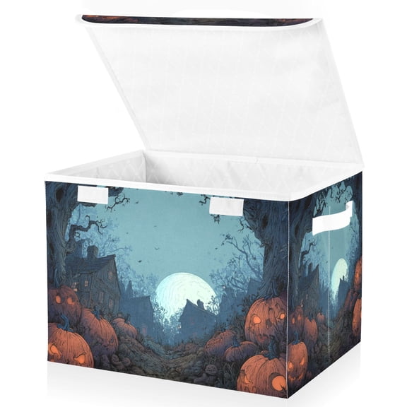 Foldable Fabric Storage Bin With Handle Collapsible Basket Box Storage With Lid Organizer Midnight Helloween