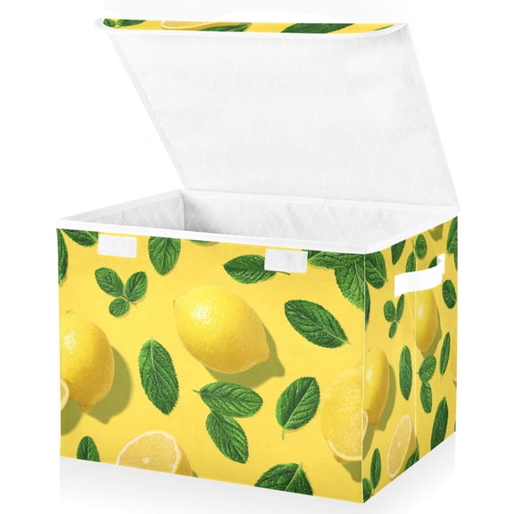Foldable Fabric Storage Bin With Handle Collapsible Basket Box Storage With Lid Organizer Mint Lemon