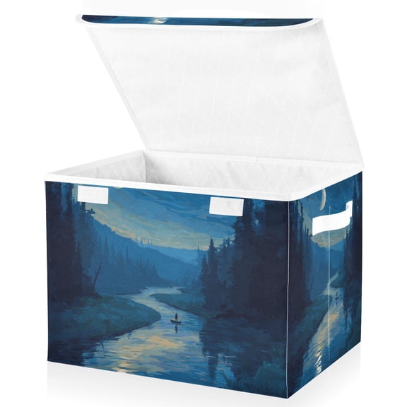 Foldable Fabric Storage Bin With Handle Collapsible Basket Box Storage With Lid Organizer Moonlight and River