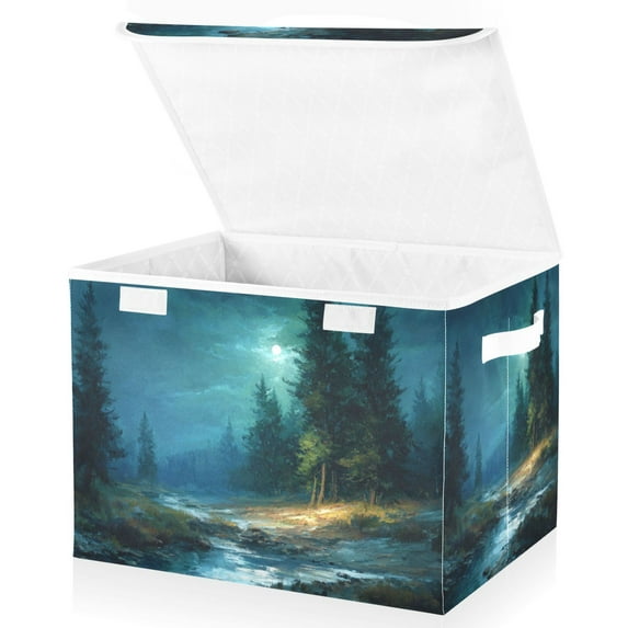 Foldable Fabric Storage Bin With Handle Collapsible Basket Box Storage With Lid Organizer Moonlit Night with Pine Trees