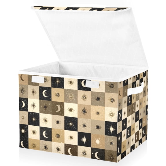 Foldable Fabric Storage Bin With Handle Collapsible Basket Box Storage With Lid Organizer Moons Stars Checkered Squares
