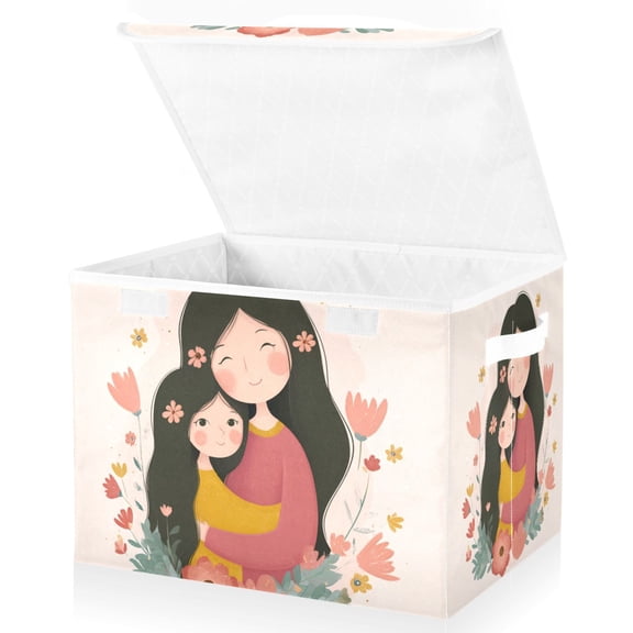 Foldable Fabric Storage Bin With Handle Collapsible Basket Box Storage With Lid Organizer Mother Daughter Simple Line Art