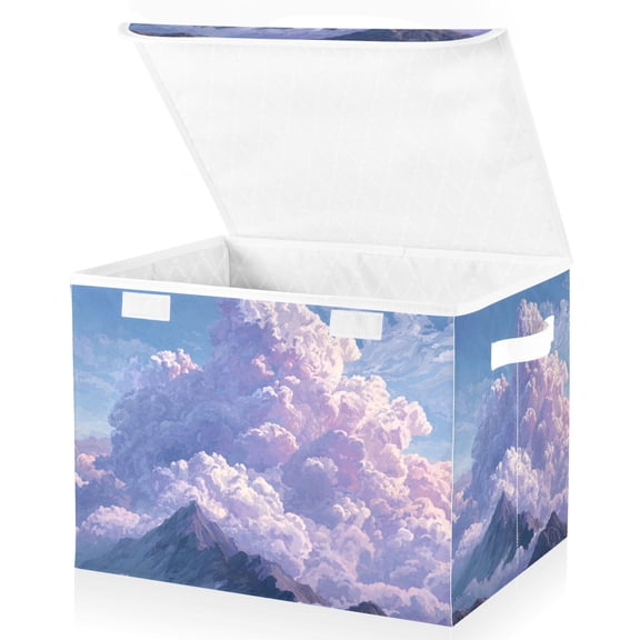 Foldable Fabric Storage Bin With Handle Collapsible Basket Box Storage With Lid Organizer Mountain and Cloud