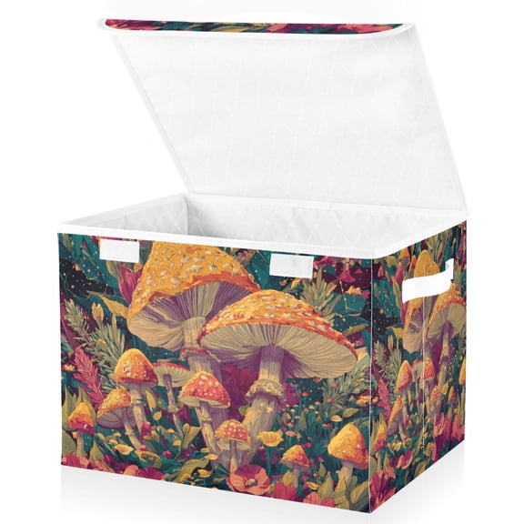 Foldable Fabric Storage Bin With Handle Collapsible Basket Box Storage With Lid Organizer Mushrooms