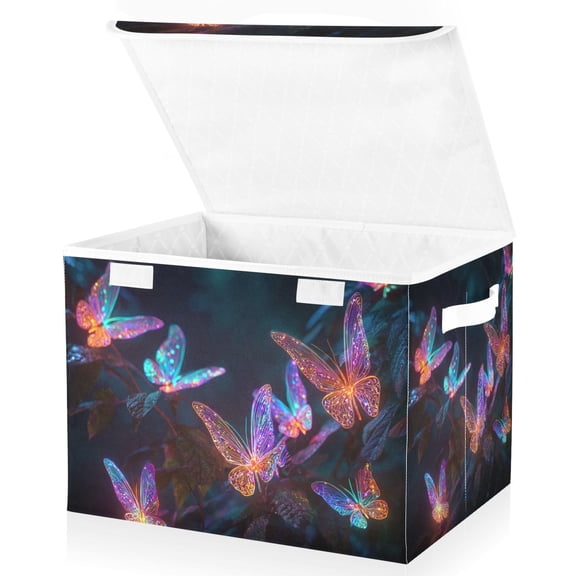Foldable Fabric Storage Bin With Handle Collapsible Basket Box Storage With Lid Organizer Neon Butterfly