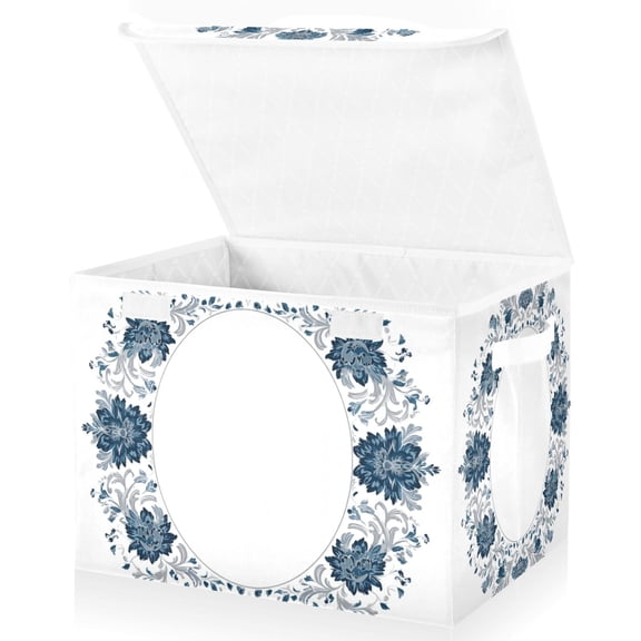 Foldable Fabric Storage Bin With Handle Collapsible Basket Box Storage With Lid Organizer Oval Decorative Frame