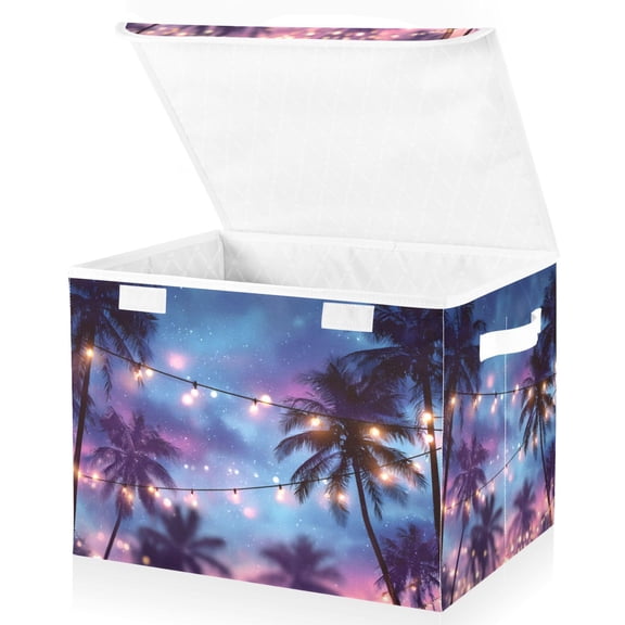 Foldable Fabric Storage Bin With Handle Collapsible Basket Box Storage With Lid Organizer Palm Trees Against The Sky