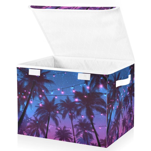 Foldable Fabric Storage Bin With Handle Collapsible Basket Box Storage With Lid Organizer Palm Trees and Starry Sky