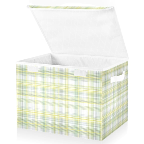Foldable Fabric Storage Bin With Handle Collapsible Basket Box Storage With Lid Organizer Plaid Pattern with Yellow Accents