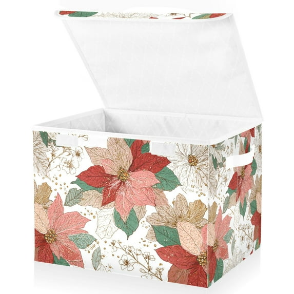 Foldable Fabric Storage Bin With Handle Collapsible Basket Box Storage With Lid Organizer Poinsettia Wildflowers