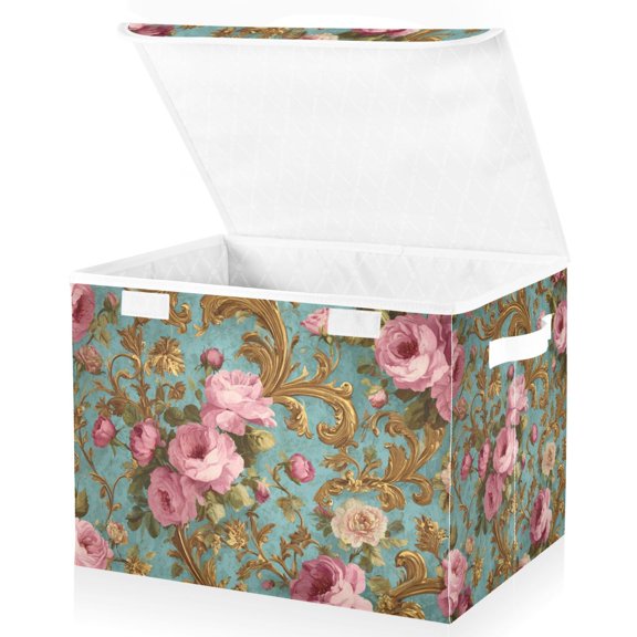 Foldable Fabric Storage Bin With Handle Collapsible Basket Box Storage With Lid Organizer Print Of Rococo-style