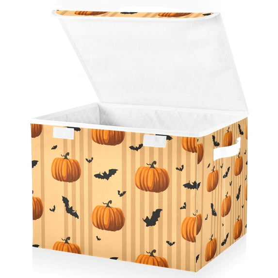Foldable Fabric Storage Bin With Handle Collapsible Basket Box Storage With Lid Organizer Pumpkin and Bats