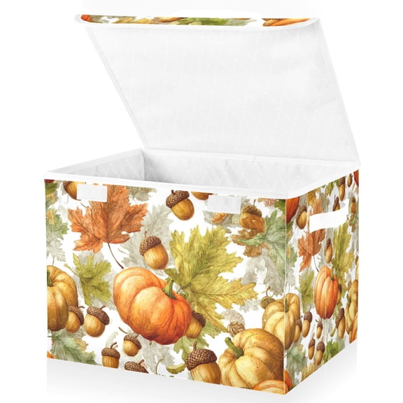 Foldable Fabric Storage Bin With Handle Collapsible Basket Box Storage With Lid Organizer Pumpkins Leaf Acorns
