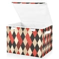thumbnail image 1 of Foldable Fabric Storage Bin With Handle Collapsible Basket Box Storage With Lid Organizer Red Beige Black Harlequin Pattern, 1 of 7