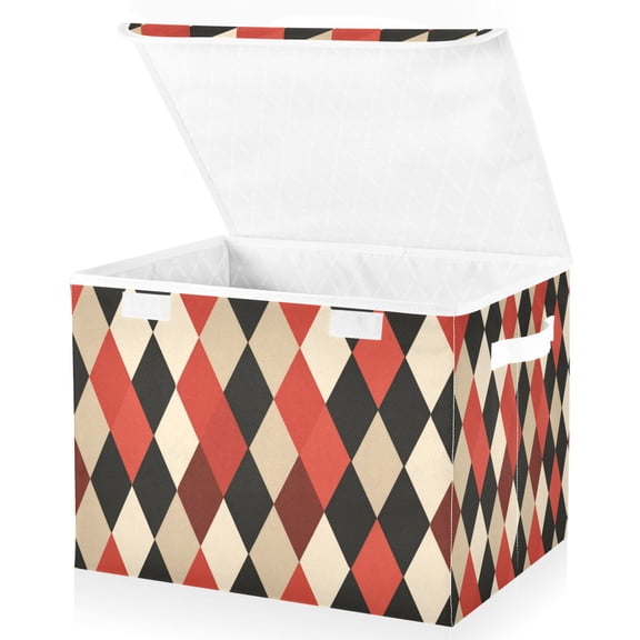 Foldable Fabric Storage Bin With Handle Collapsible Basket Box Storage With Lid Organizer Red Beige Black Harlequin Pattern