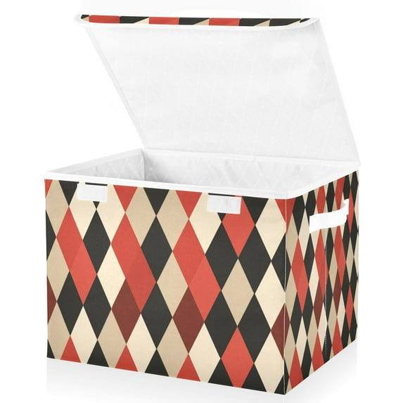 Foldable Fabric Storage Bin With Handle Collapsible Basket Box Storage With Lid Organizer Red Beige Black Harlequin Pattern