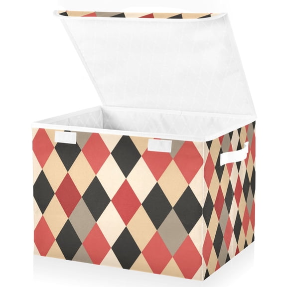 Foldable Fabric Storage Bin With Handle Collapsible Basket Box Storage With Lid Organizer Red Beige