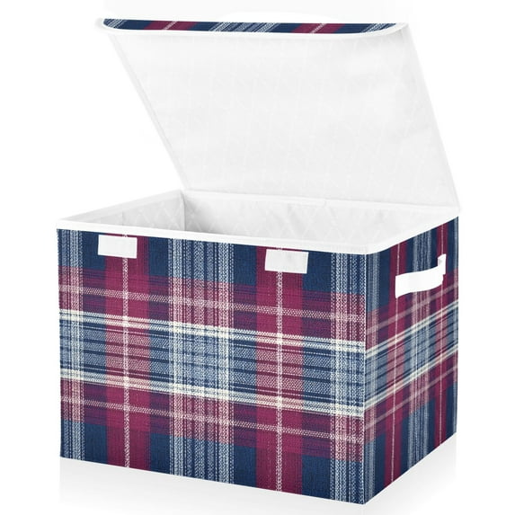 Foldable Fabric Storage Bin With Handle Collapsible Basket Box Storage With Lid Organizer Red Blue White Plaid Pattern