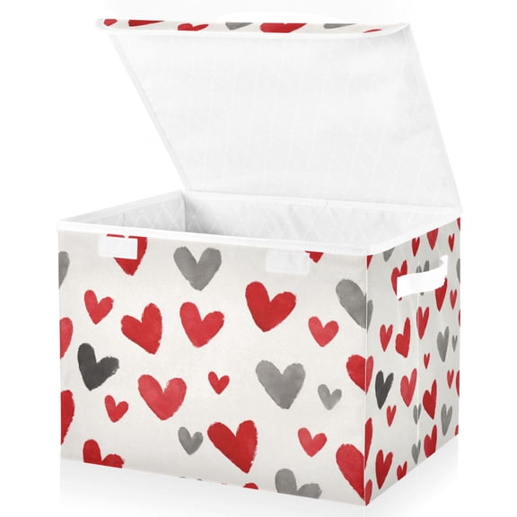 Foldable Fabric Storage Bin With Handle Collapsible Basket Box Storage With Lid Organizer Red & Gray