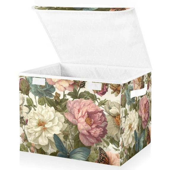 Foldable Fabric Storage Bin With Handle Collapsible Basket Box Storage With Lid Organizer Retro Florals