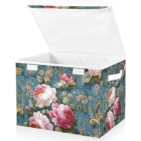 Foldable Fabric Storage Bin With Handle Collapsible Basket Box Storage With Lid Organizer Rococo-style