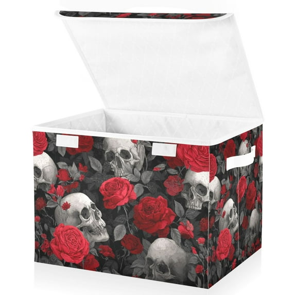 Foldable Fabric Storage Bin With Handle Collapsible Basket Box Storage With Lid Organizer Skulls&red Roses