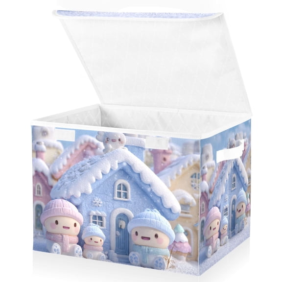 Foldable Fabric Storage Bin With Handle Collapsible Basket Box Storage With Lid Organizer Snowman House
