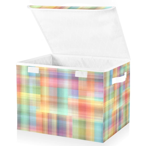 Foldable Fabric Storage Bin With Handle Collapsible Basket Box Storage With Lid Organizer Soft Gradients Plaid