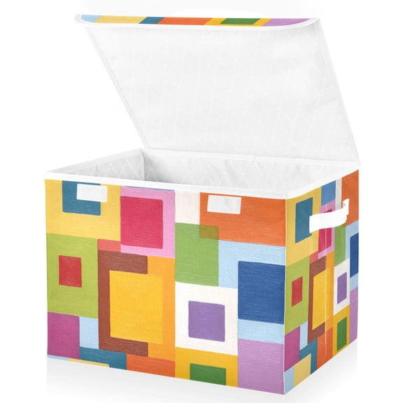 Foldable Fabric Storage Bin With Handle Collapsible Basket Box Storage With Lid Organizer Squares Of Different Colors