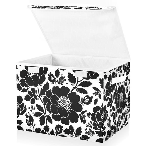 Foldable Fabric Storage Bin With Handle Collapsible Basket Box Storage With Lid Organizer Stenciled Floral Design