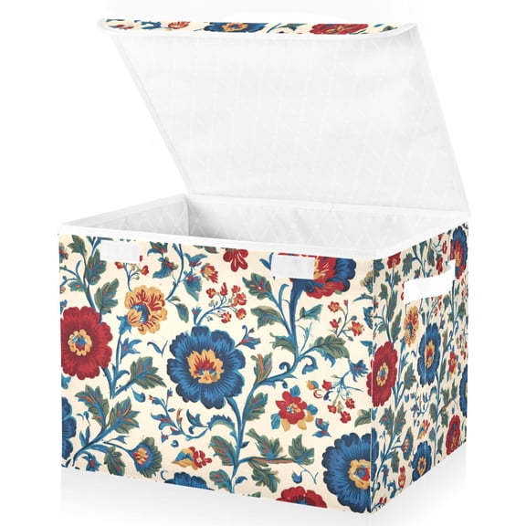 Foldable Fabric Storage Bin With Handle Collapsible Basket Box Storage With Lid Organizer Stylized Flowers & Ornate Scrollwork