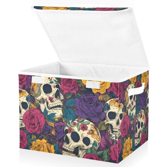 Foldable Fabric Storage Bin With Handle Collapsible Basket Box Storage With Lid Organizer Sugar Skulls Roses