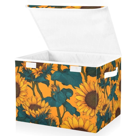 Foldable Fabric Storage Bin With Handle Collapsible Basket Box Storage With Lid Organizer Sunflower
