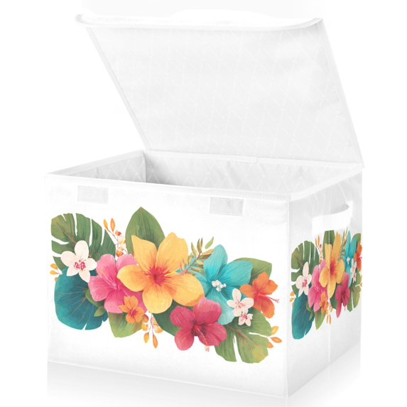 Foldable Fabric Storage Bin With Handle Collapsible Basket Box Storage With Lid Organizer Tropical Flowers