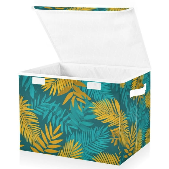Foldable Fabric Storage Bin With Handle Collapsible Basket Box Storage With Lid Organizer Tropical Leaves