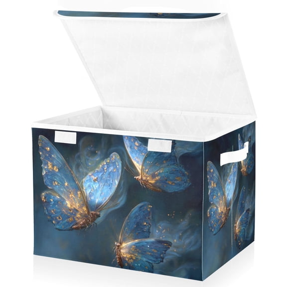 Foldable Fabric Storage Bin With Handle Collapsible Basket Box Storage With Lid Organizer Tthree Blue Butterflies