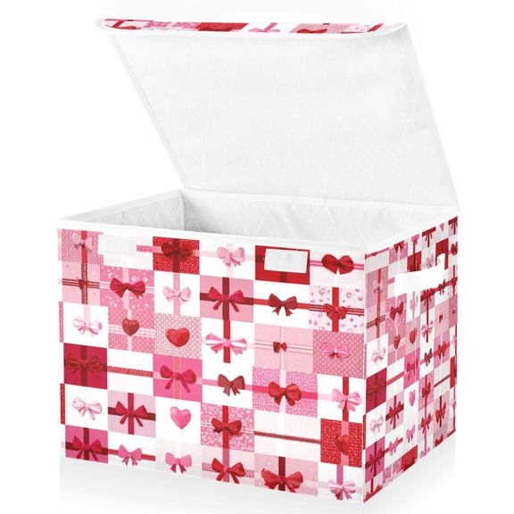 Foldable Fabric Storage Bin With Handle Collapsible Basket Box Storage With Lid Organizer Valentine's Day Pattern