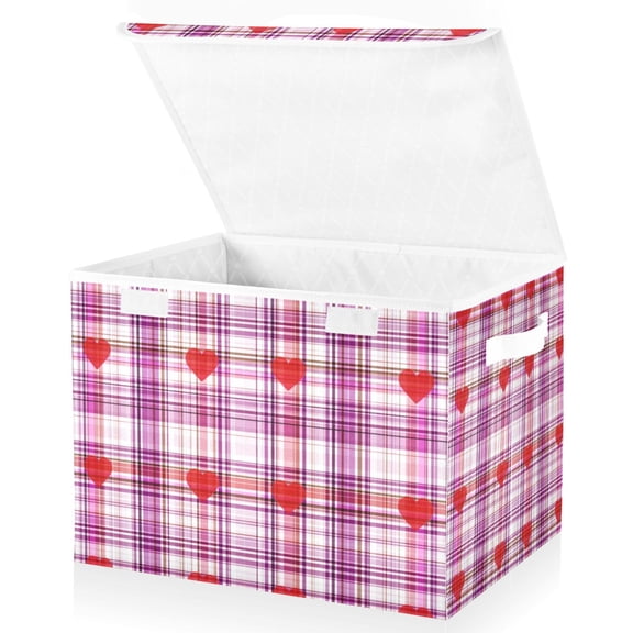 Foldable Fabric Storage Bin With Handle Collapsible Basket Box Storage With Lid Organizer Valentine's Day Plaid Pattern with Hearts