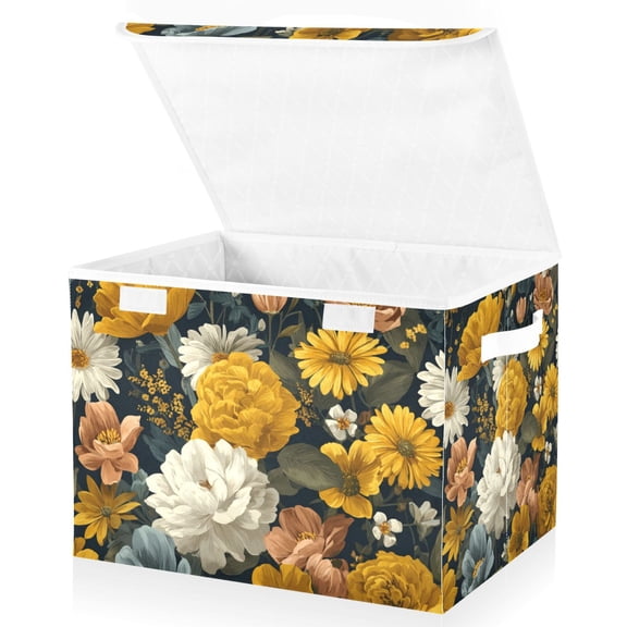 Foldable Fabric Storage Bin With Handle Collapsible Basket Box Storage With Lid Organizer Wasabi Yellow White Flowers