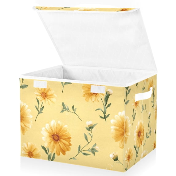 Foldable Fabric Storage Bin With Handle Collapsible Basket Box Storage With Lid Organizer Watercolor Yellow Daises