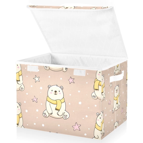 Foldable Fabric Storage Bin With Handle Collapsible Basket Box Storage With Lid Organizer White Bear